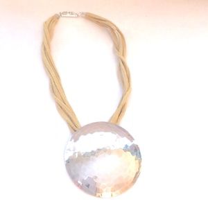 Tan Leather 925 Silver Hammered Necklace